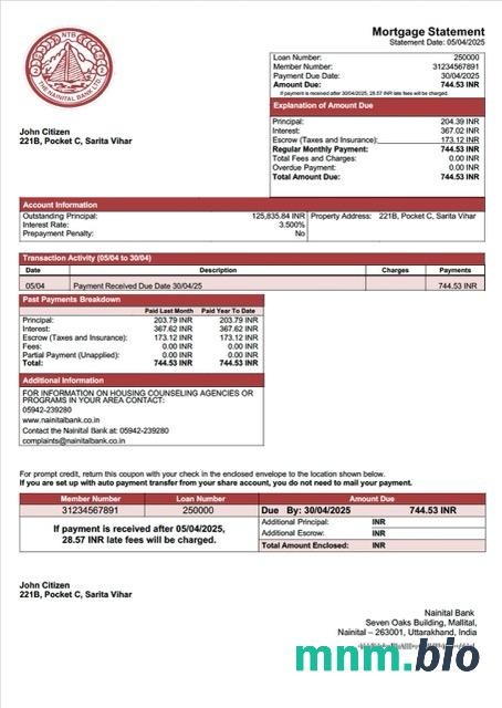 Indie Bank Nainital wyciąg z kredytu hipotecznego szablon Word i PDF